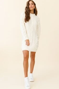 Snowstorm Pom Pom Detail Knit Sweater Dress Cream -Selfie Leslie Shop ZNL038 CREAM 2 3