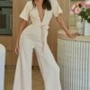 Rhone River Deep V-Neckline Wide Leg Waist Tie Jumpsuit Sand -Selfie Leslie Shop a0222j sand 1