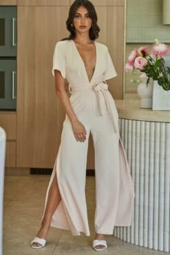 Rhone River Deep V-Neckline Wide Leg Waist Tie Jumpsuit Sand 13 Rhone River Deep V-Neckline Wide Leg Waist Tie Jumpsuit Sand -Selfie Leslie Shop a0222j sand 4