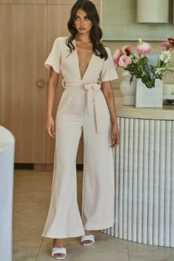 Rhone River Deep V-Neckline Wide Leg Waist Tie Jumpsuit Sand 15 Rhone River Deep V-Neckline Wide Leg Waist Tie Jumpsuit Sand -Selfie Leslie Shop a0222j sand 6