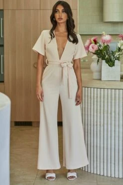 Rhone River Deep V-Neckline Wide Leg Waist Tie Jumpsuit Sand 17 Rhone River Deep V-Neckline Wide Leg Waist Tie Jumpsuit Sand -Selfie Leslie Shop a0222j sand 8