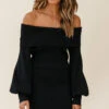 Runaway Off Shoulder Balloon Sleeve Knit Dress Black