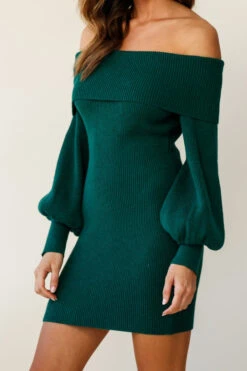 Runaway Off Shoulder Balloon Sleeve Knit Dress Forest Green -Selfie Leslie Shop al1126b01 forest green 190806sl17348