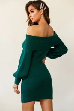 Runaway Off Shoulder Balloon Sleeve Knit Dress Forest Green -Selfie Leslie Shop al1126b01 forest green 190806sl17351