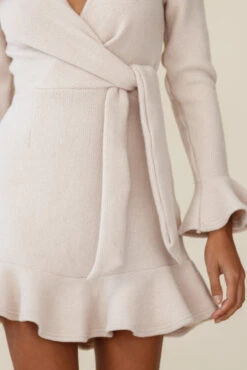 Shalini Flared Cuff Surplice Neckline Knit Dress Beige -Selfie Leslie Shop cm0393b01 beige 190903sl0631