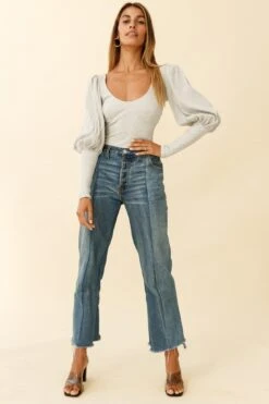 Moneymaker Lantern Sleeve Open Back Bodysuit Grey Marble -Selfie Leslie Shop cm1181b01 grey marbel 3