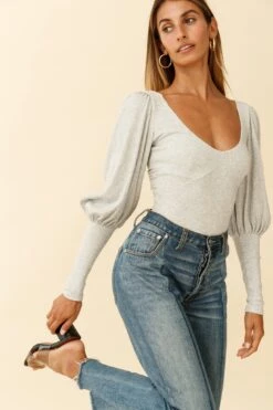 Moneymaker Lantern Sleeve Open Back Bodysuit Grey Marble -Selfie Leslie Shop cm1181b01 grey marbel 5