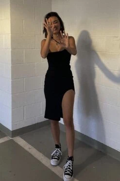 Cleopatra Asymmetrical Neckline Front Split Ribbed Dress Black -Selfie Leslie Shop eh0006d black laurendesloge