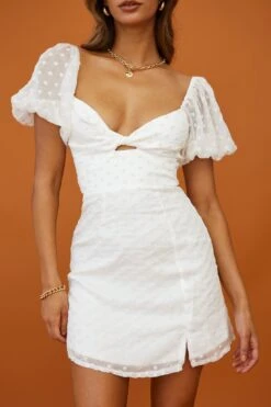 Molli Sheer Puff Sleeve Twist Feature Dress White 22 Molli Sheer Puff Sleeve Twist Feature Dress White -Selfie Leslie Shop kj0015d white 4