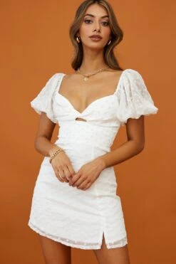 Molli Sheer Puff Sleeve Twist Feature Dress White 23 Molli Sheer Puff Sleeve Twist Feature Dress White -Selfie Leslie Shop kj0015d white 5