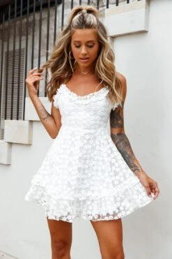 Summer Daze Frill Bust Floral Embroidered Overlay Dress White -Selfie Leslie Shop kt0105d white 3