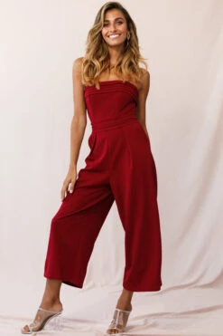Chosen Strapless Wide Leg Jumpsuit Wine 12 Chosen Strapless Wide Leg Jumpsuit Wine -Selfie Leslie Shop photo 1389 14289b red 1