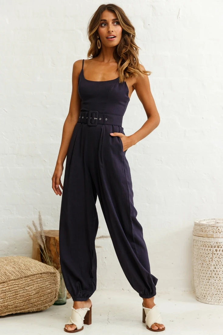 Santa Barbara Cuffed Hem Belted Jumpsuit Navy 3 Santa Barbara Cuffed Hem Belted Jumpsuit Navy