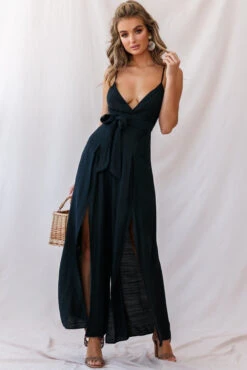 Taylor V-Neck Split Wide Leg Jumpsuit Black -Selfie Leslie Shop photo 1842 62275d black