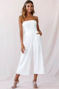 Chosen Strapless Wide Leg Jumpsuit White 22 Chosen Strapless Wide Leg Jumpsuit White -Selfie Leslie Shop photo 2248 14289b white