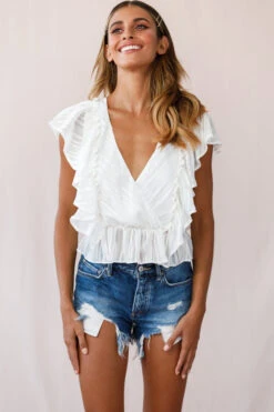 Lucia Surplice Neckline Ruffle Detail Top White -Selfie Leslie Shop photo 2418 st2149d white