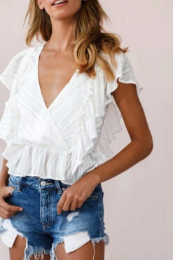 Lucia Surplice Neckline Ruffle Detail Top White -Selfie Leslie Shop photo 2421 st2149d white