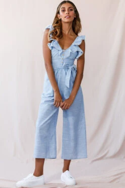Danube Belted Waist Pinstripe Jumpsuit Blue -Selfie Leslie Shop photo 2796 st1355b blue