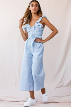 Danube Belted Waist Pinstripe Jumpsuit Blue -Selfie Leslie Shop photo 2799 st1355b blue