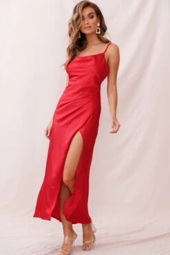 Hey Girl Long Satin Cowl Neck Dress Red -Selfie Leslie Shop photo 281 st1109b red