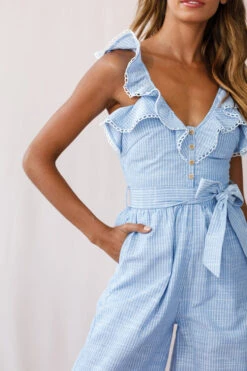 Danube Belted Waist Pinstripe Jumpsuit Blue -Selfie Leslie Shop photo 2810 st1355b blue