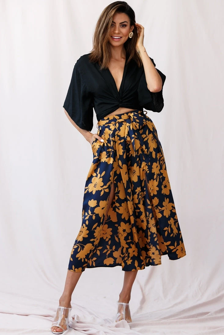 Danika Front Split Midi Culotte Pants Navy/Mustard 3 Danika Front Split Midi Culotte Pants Navy/Mustard