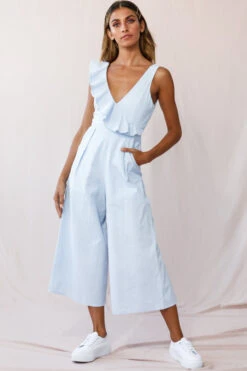 Cheryl Ruffle Strap Wide Leg Jumpsuit Steel Blue -Selfie Leslie Shop photo 2934 62461d steel blue