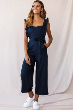 Serenade Ruffle Strap Pinafore Jumpsuit Navy -Selfie Leslie Shop photo 2976 st2151b navy