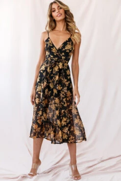 Constance Thin Strap Midi Jumpsuit Black/Orange Flower -Selfie Leslie Shop photo 3323 25615b04 black orange flower