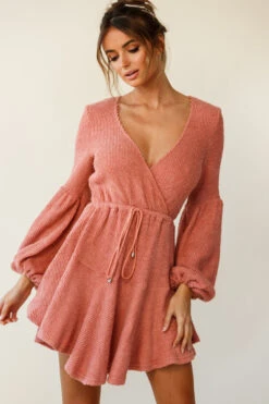 Annalise Long Sleeve Drawstring Knit Dress Rose -Selfie Leslie Shop st1077d03 rose 190806sl17723