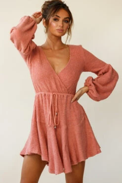 Annalise Long Sleeve Drawstring Knit Dress Rose -Selfie Leslie Shop st1077d03 rose 190806sl17726