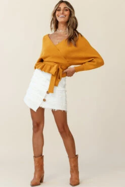 Venetian Faux Placket Frayed Wrap Mini Skirt White -Selfie Leslie Shop st1740d white 27129b mustard 190903sl0281 1