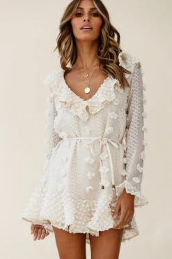 Georgie Long Sleeve Frill Neckline Embellished Chiffon Dress Beige 12 Georgie Long Sleeve Frill Neckline Embellished Chiffon Dress Beige -Selfie Leslie Shop st2182b02 beige 190910sl0274