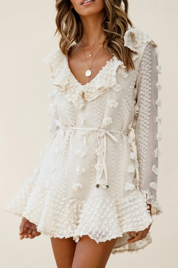 Georgie Long Sleeve Frill Neckline Embellished Chiffon Dress Beige 7 Georgie Long Sleeve Frill Neckline Embellished Chiffon Dress Beige - Image 5