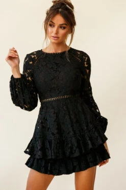Henrietta Lace Overlay Long Sleeve Ruffle Dress Black -Selfie Leslie Shop st2258b black 190806sl17853
