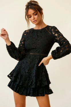 Henrietta Lace Overlay Long Sleeve Ruffle Dress Black -Selfie Leslie Shop st2258b black 190806sl17854