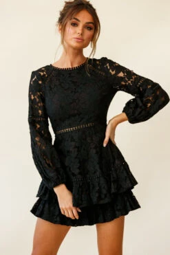 Henrietta Lace Overlay Long Sleeve Ruffle Dress Black -Selfie Leslie Shop st2258b black 190806sl17855