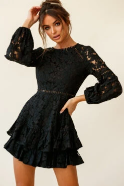 Henrietta Lace Overlay Long Sleeve Ruffle Dress Black -Selfie Leslie Shop st2258b black 190806sl17856