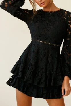 Henrietta Lace Overlay Long Sleeve Ruffle Dress Black -Selfie Leslie Shop st2258b black 190806sl17858